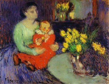 Pablo Picasso Painting - Madre e hijo frente a un jarrón de flores 1901 Pablo Picasso